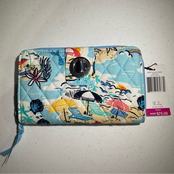 Vera Bradley RFID Turnlock Wallet Beach Pattern Blue Multicolor - Picture 3 of 5